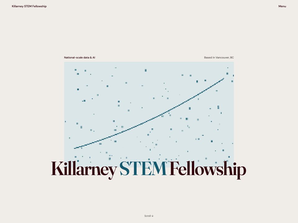 The Killarney STEM Fellowship home page as shipped, showing a scatter plot above the wordmark set in Fraunces.