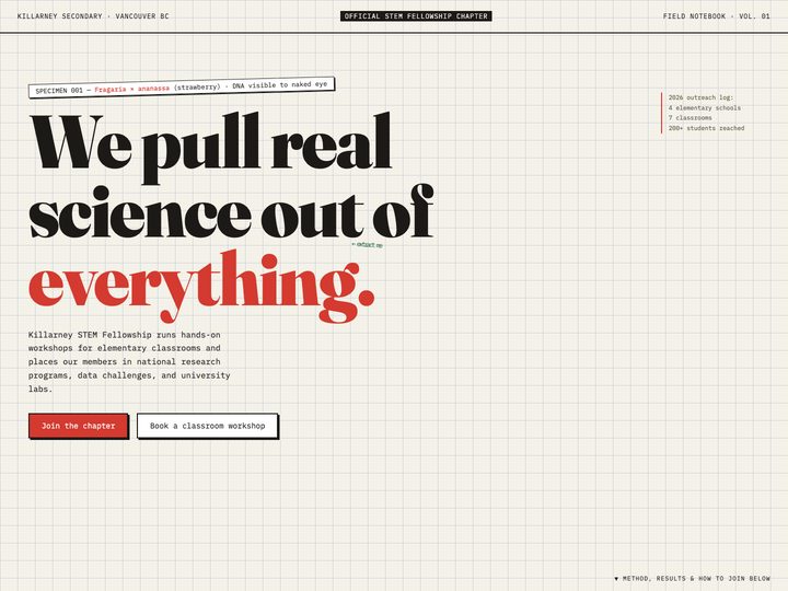 Hero take reading We pull real science out of everything, in a cream editorial layout.