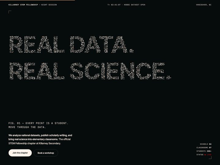 Hero take reading Real data. Real science. in dotted type on near-black.